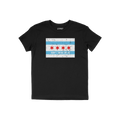 Black T-shirt with a distressed Chicago-flag motif and “DON’T TREAD ON US” slogan beneath, representing the Chicago Gad