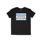 Black T-shirt with a distressed Chicago-flag motif and “DON’T TREAD ON US” slogan beneath, representing the Chicago Gad
