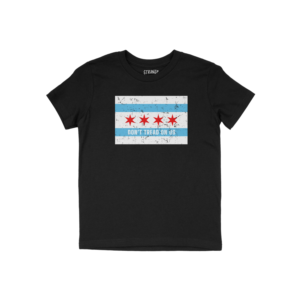 Black T-shirt with a distressed Chicago-flag motif and “DON’T TREAD ON US” slogan beneath, representing the Chicago Gad