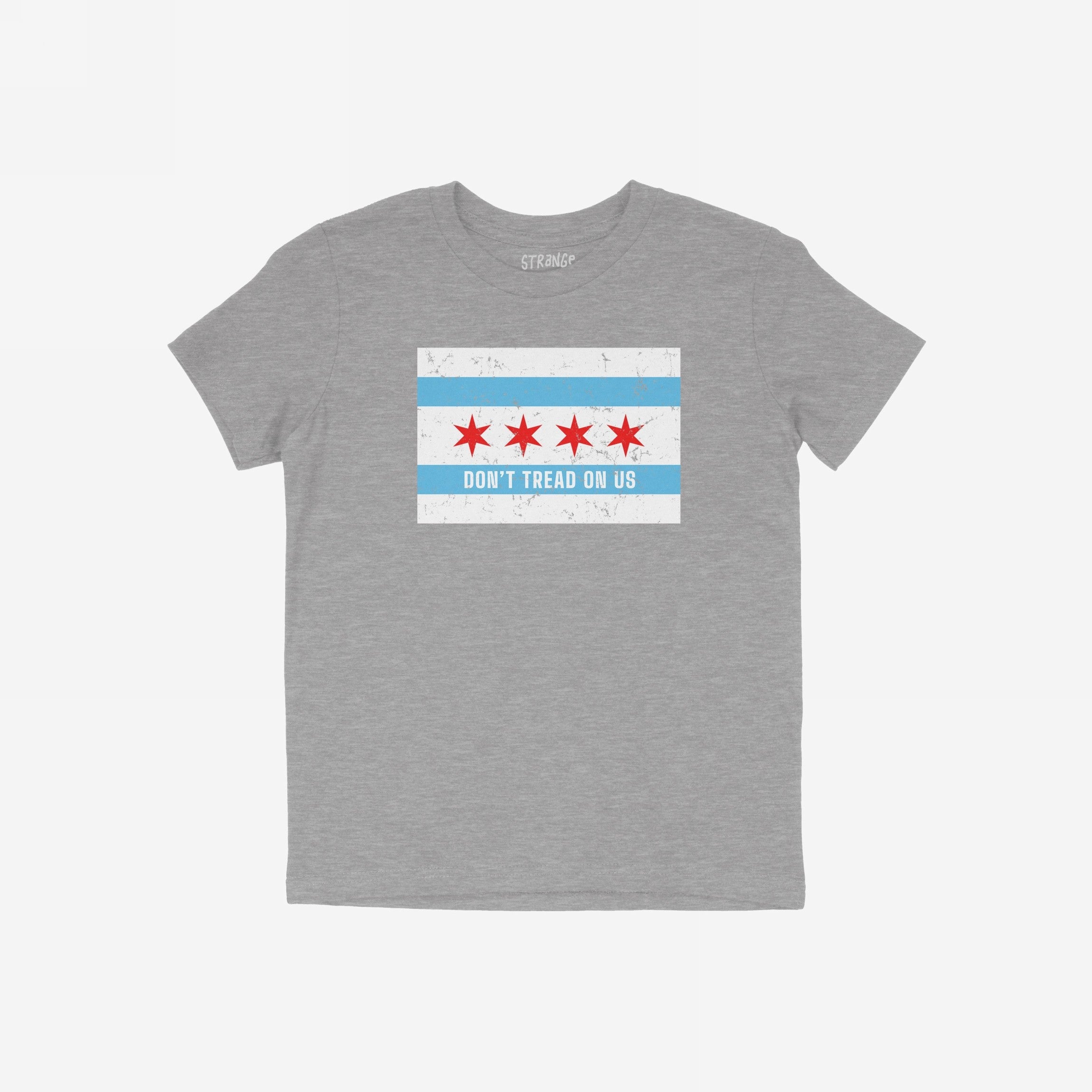 Heather-gray Chicago Gadsden Flag Shirt featuring the city's flag and “Don’t Tread on Us” slogan, advocating resistance against oppression. Brand name visible inside collar. Supports immigrant rights.