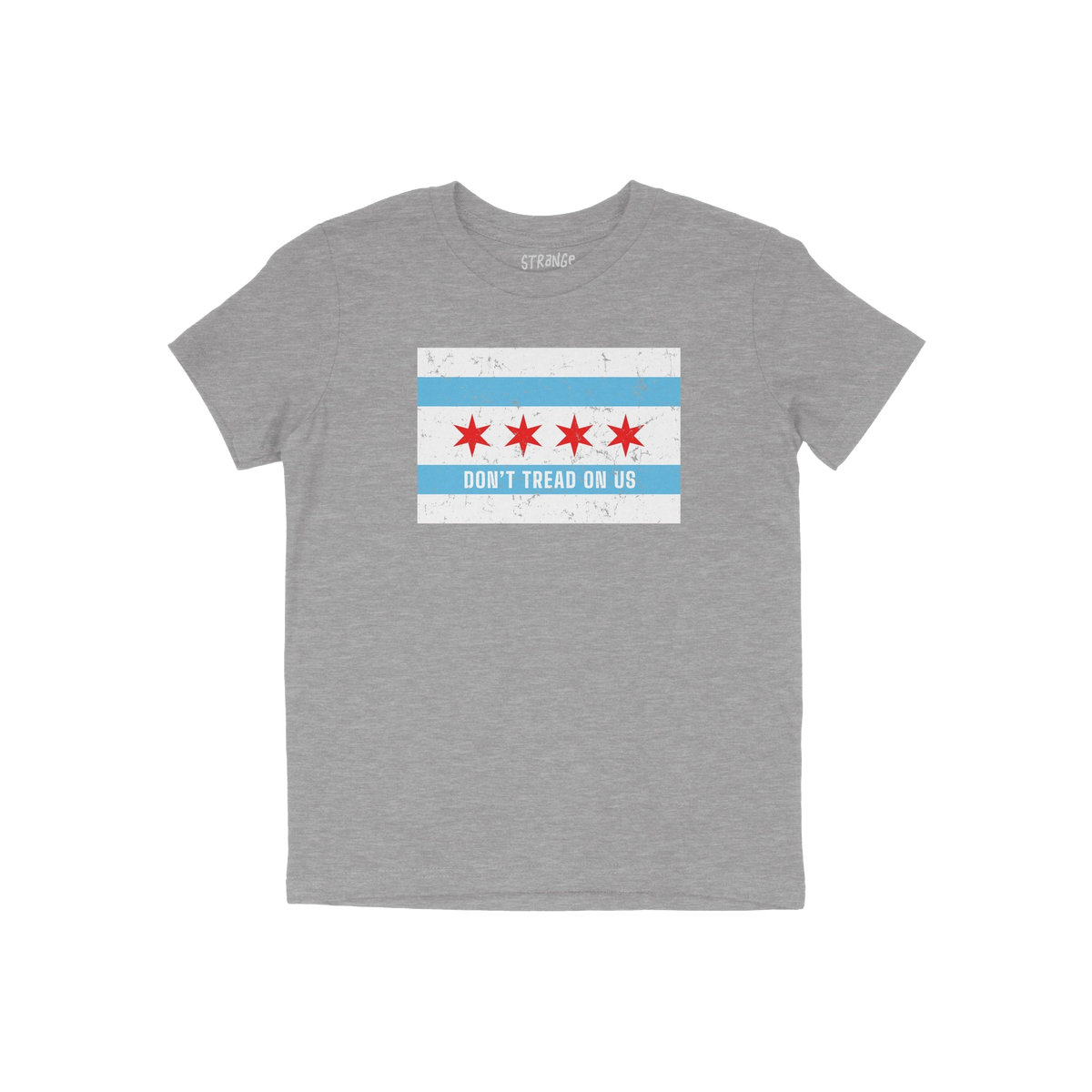 Heather-gray Chicago Gadsden Flag Shirt featuring the city's flag and “Don’t Tread on Us” slogan, advocating resistance