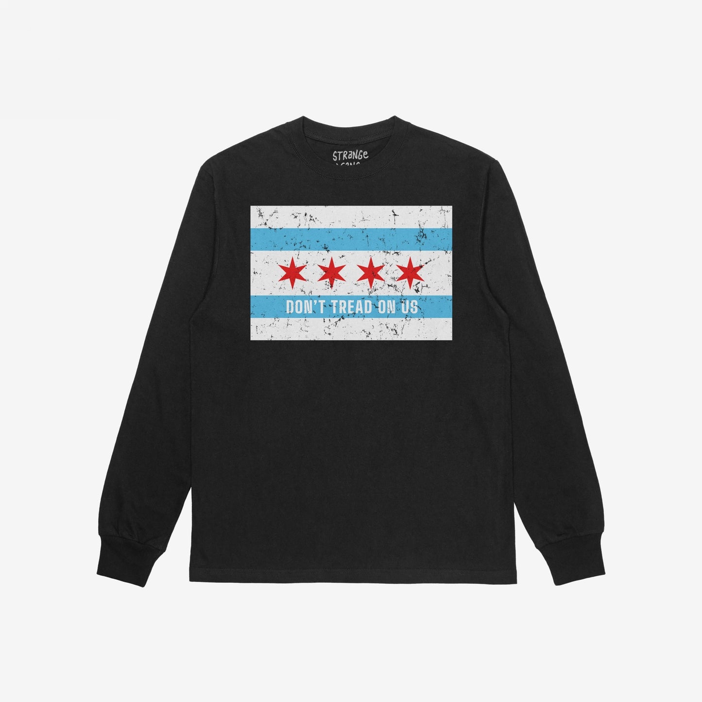 Chicago Gadsden Flag Shirt featuring a distressed Chicago flag motif with DON’T TREAD ON US slogan, symbolizing resistance and community strength. Designed for those opposing authoritarianism and supporting equality.
