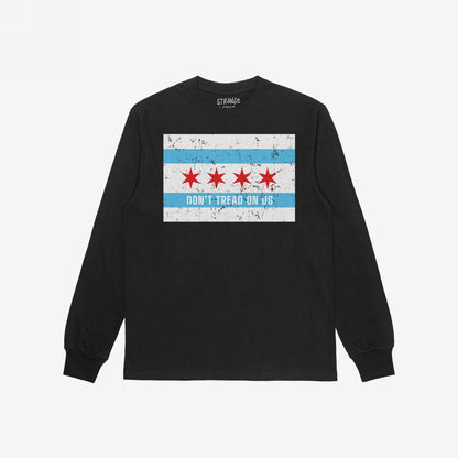 Chicago Gadsden Flag Shirt featuring a distressed Chicago flag motif with DON’T TREAD ON US slogan, symbolizing resistance and community strength. Designed for those opposing authoritarianism and supporting equality.