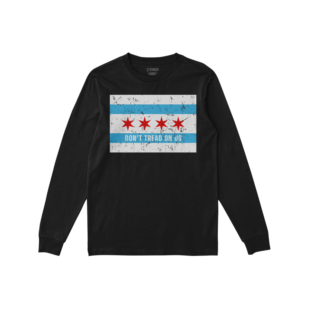Chicago Gadsden Flag Shirt featuring a distressed Chicago flag motif with DON’T TREAD ON US slogan, symbolizing resistance 