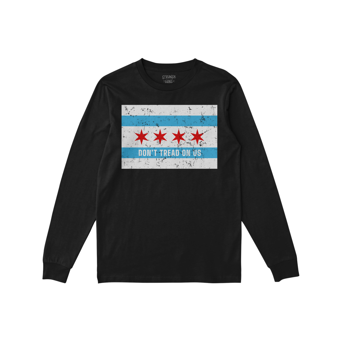 Chicago Gadsden Flag Shirt featuring a distressed Chicago flag motif with DON’T TREAD ON US slogan, symbolizing resistance 
