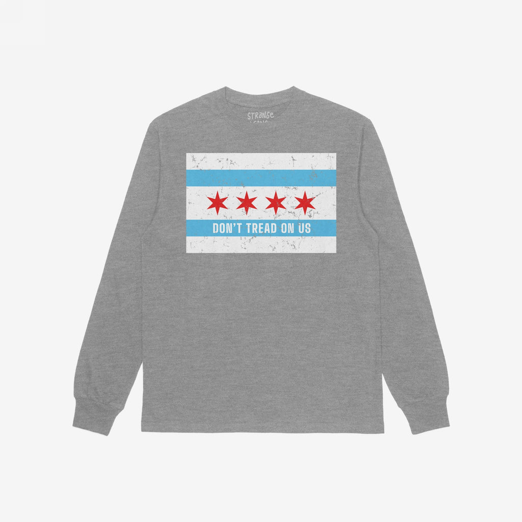 Heather-gray Chicago Gadsden Flag Shirt with a distressed flag graphic and “DON’T TREAD ON US” slogan, embodying resistance and community spirit, laid flat showcasing back design.