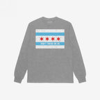 Heather-gray Chicago Gadsden Flag Shirt with a distressed flag graphic and “DON’T TREAD ON US” slogan, embodying resistance and community spirit, laid flat showcasing back design.