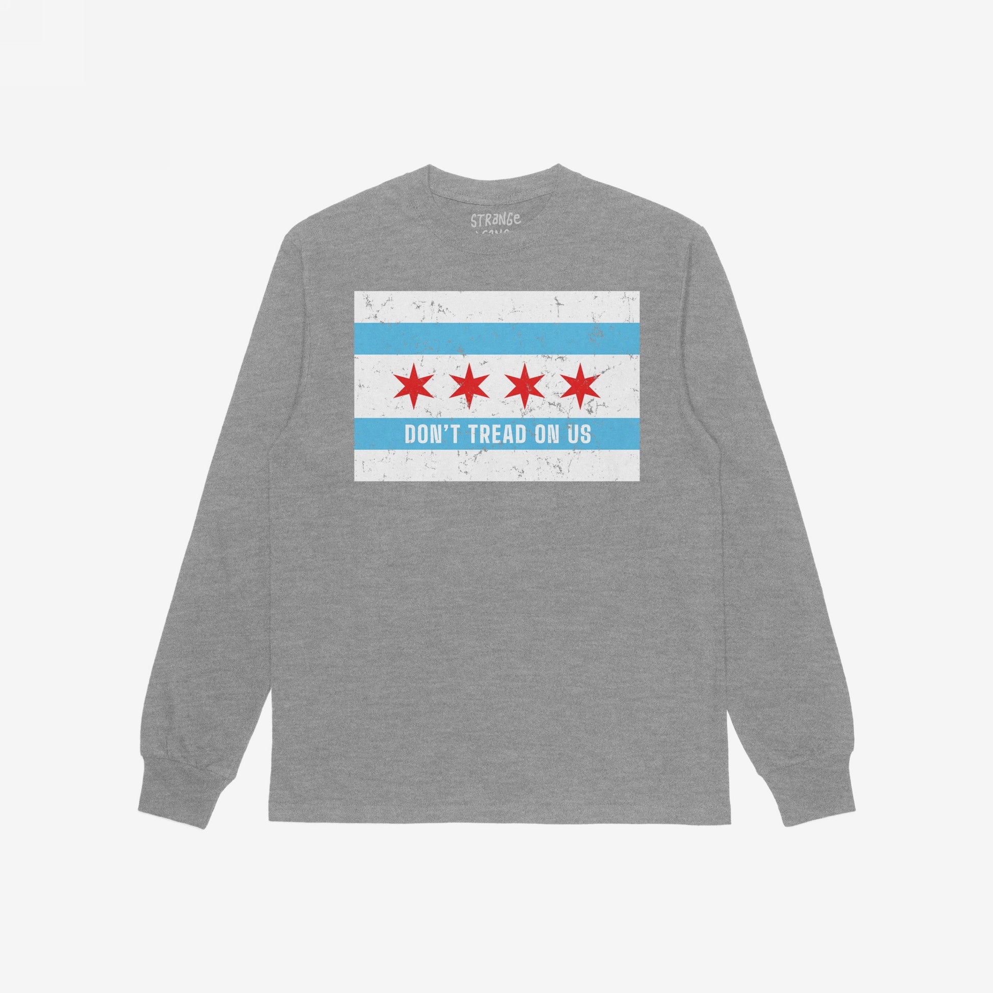 Heather-gray Chicago Gadsden Flag Shirt with a distressed flag graphic and “DON’T TREAD ON US” slogan, embodying resistance and community spirit, laid flat showcasing back design.