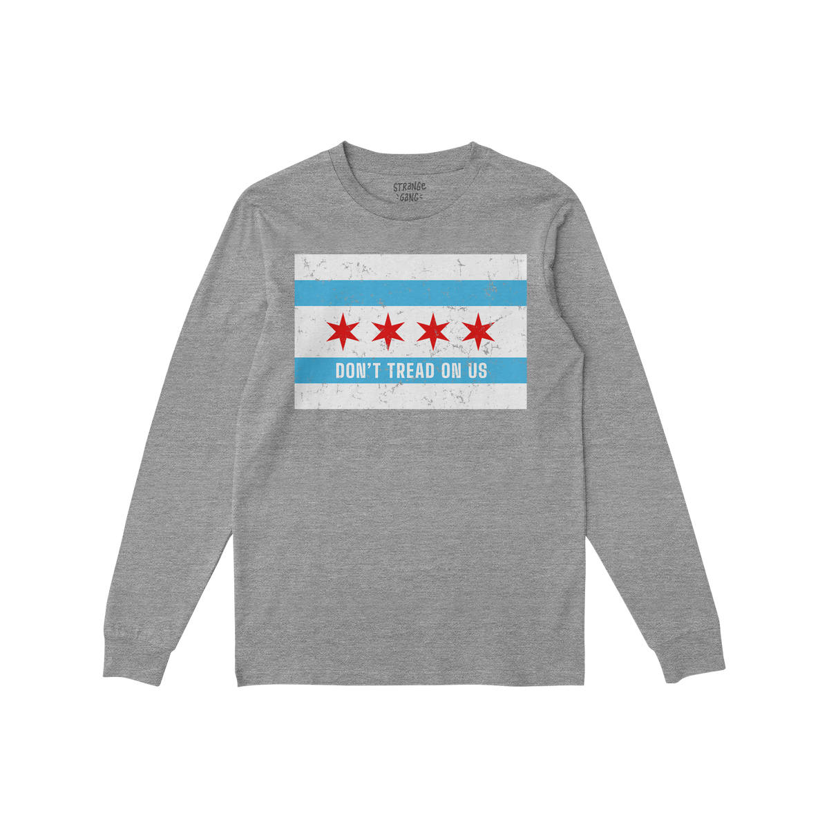 Heather-gray Chicago Gadsden Flag Shirt with a distressed flag graphic and “DON’T TREAD ON US” slogan, embodying resist