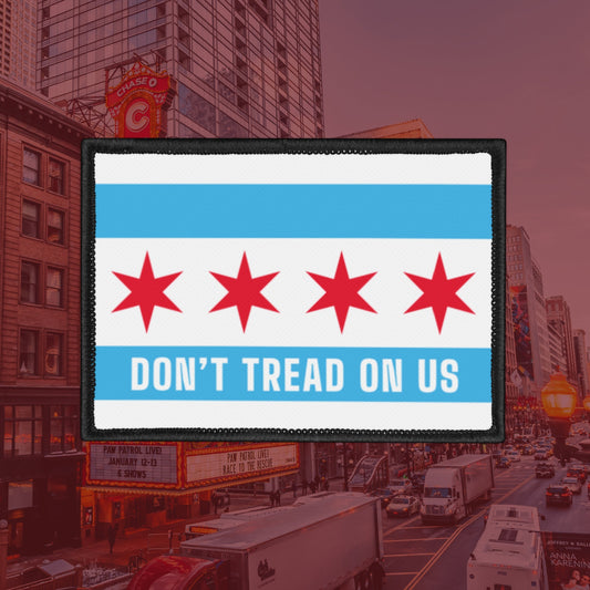 Chicago Gadsden Flag Patch features a reimagined city flag with DON’T TREAD ON US slogan. Stitched badge design emphasizes local resistance, perfect for advocates of civic justice and equality.