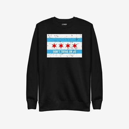 Chicago Gadsden Flag Hoodie & Sweatshirt featuring a distressed Chicago-flag graphic with four red stars and DON’T TREAD ON US slogan, embodying urban resistance and pride.