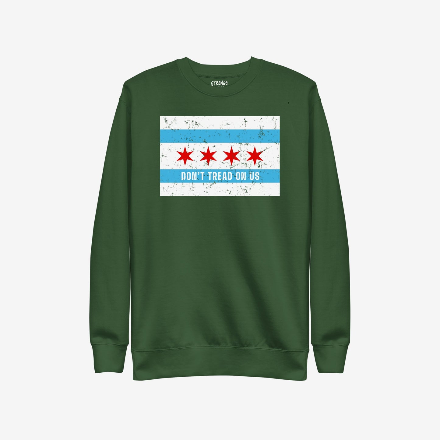 Chicago Gadsden Flag Hoodie & Sweatshirt with a distressed Chicago-flag-style graphic featuring red stars and blue stripes, and the slogan “DON’T TREAD ON US,” embodying city pride and resistance.