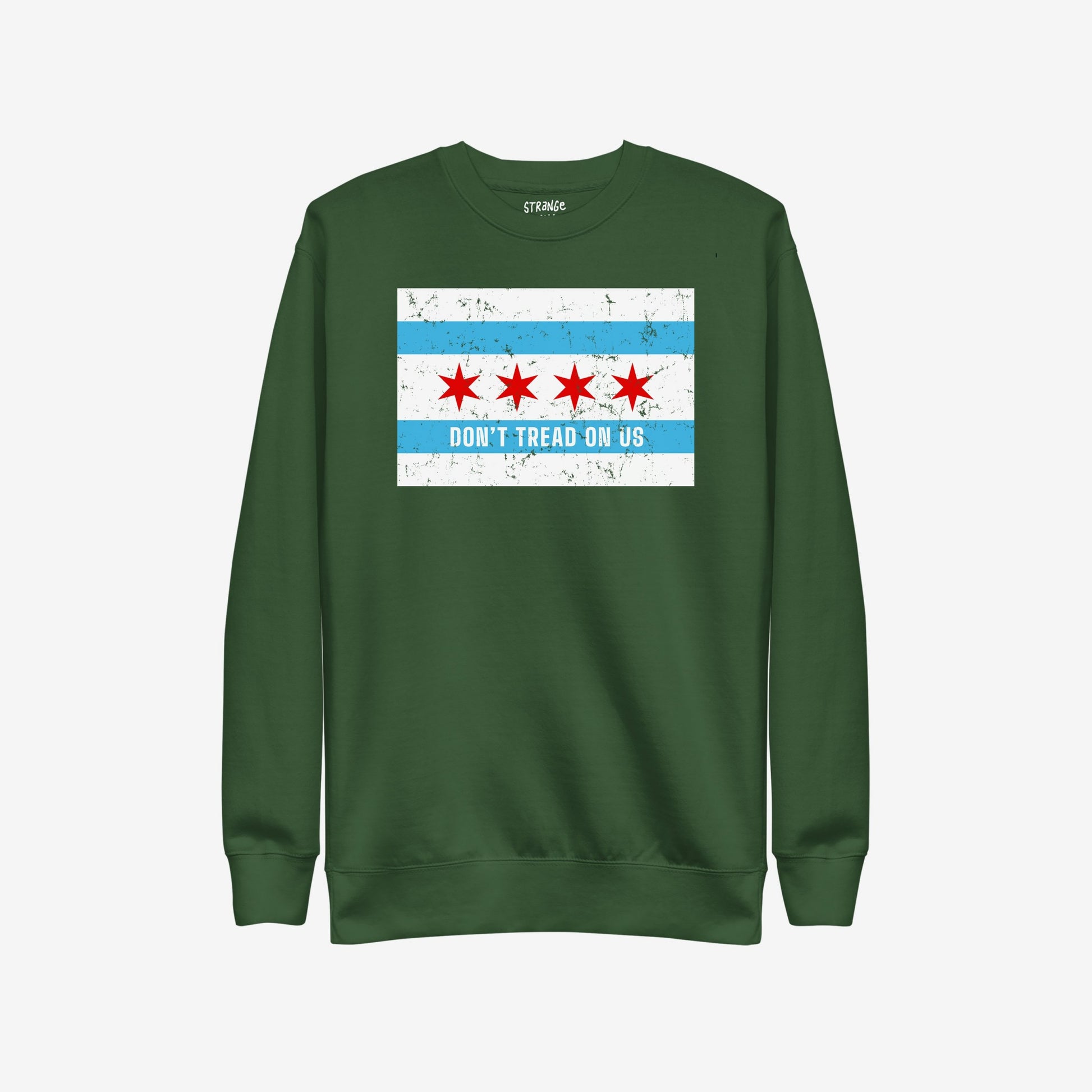 Chicago Gadsden Flag Hoodie & Sweatshirt with a distressed Chicago-flag-style graphic featuring red stars and blue stripes, and the slogan “DON’T TREAD ON US,” embodying city pride and resistance.