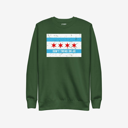 Chicago Gadsden Flag Hoodie & Sweatshirt with a distressed Chicago-flag-style graphic featuring red stars and blue stripes, and the slogan “DON’T TREAD ON US,” embodying city pride and resistance.