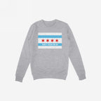 Heather-grey sweatshirt featuring the Chicago Gadsden Flag design with two blue stripes, four red stars, and DON’T TREAD ON US, symbolizing resistance and local pride.