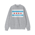 Heather-grey sweatshirt featuring the Chicago Gadsden Flag design with two blue stripes, four red stars, and DON’T TREAD ON