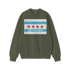 Chicago Gadsden Flag Shirt features a green crewneck sweatshirt with a chest graphic resembling the Chicago flag and DON’T 