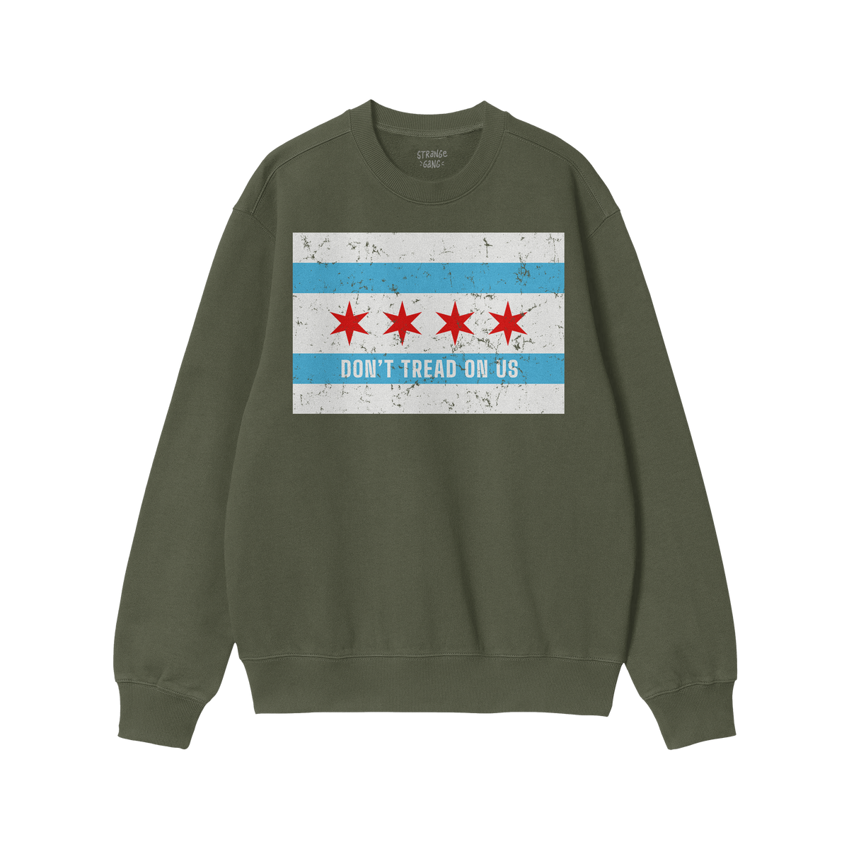 Chicago Gadsden Flag Shirt features a green crewneck sweatshirt with a chest graphic resembling the Chicago flag and DON’T 
