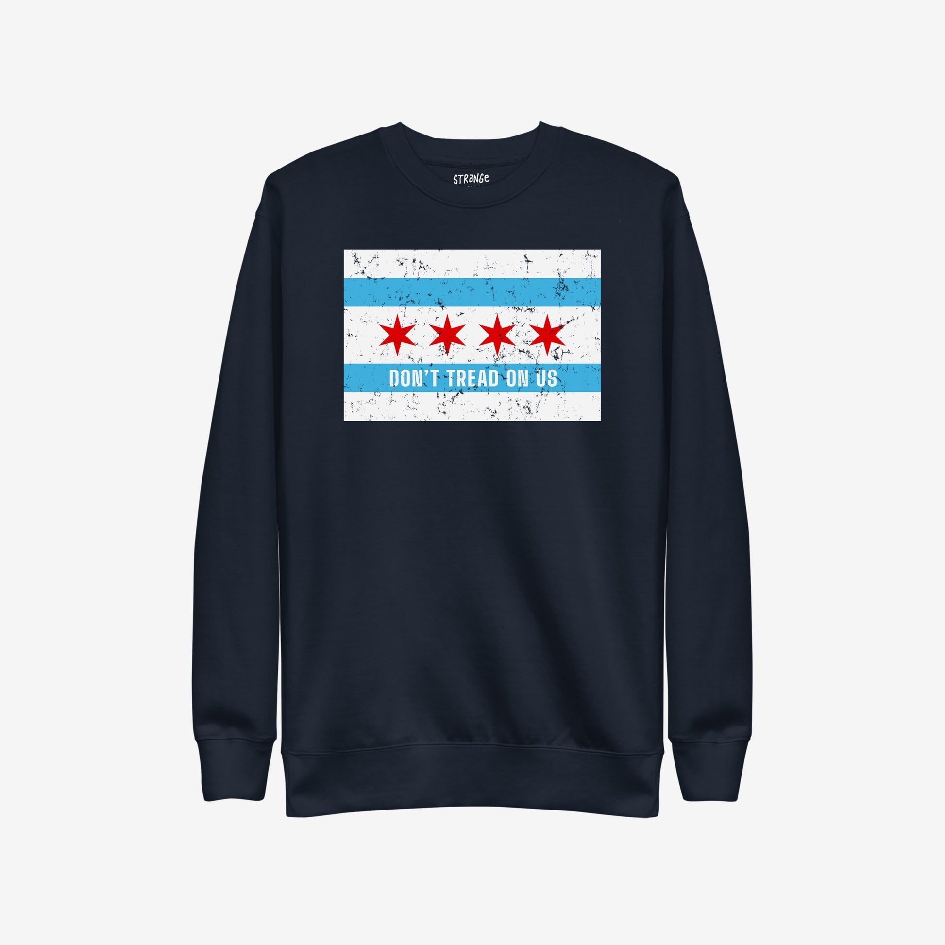 Chicago Gadsden Flag Hoodie & Sweatshirt featuring a distressed Chicago flag motif with the slogan DON’T TREAD ON US, embodying urban pride and resistance.