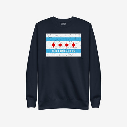 Chicago Gadsden Flag Hoodie & Sweatshirt featuring a distressed Chicago flag motif with the slogan DON’T TREAD ON US, embodying urban pride and resistance.