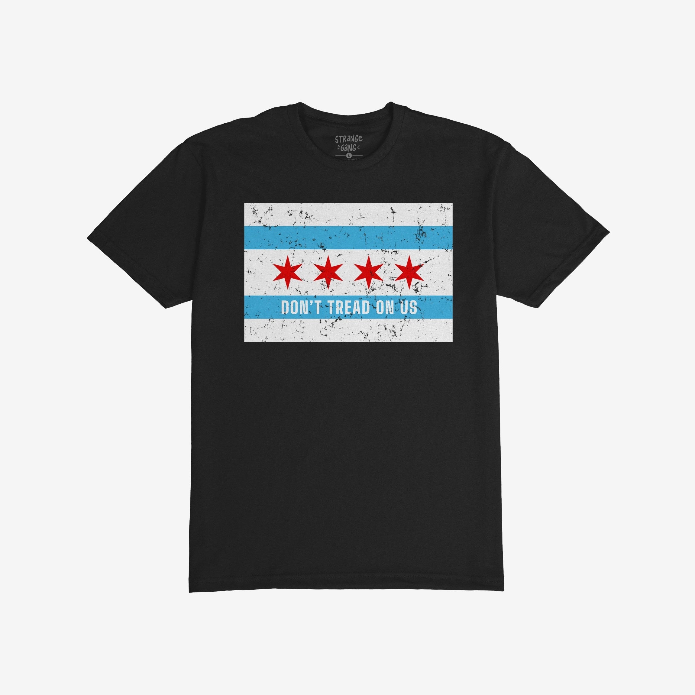 Chicago Gadsden Flag Shirt with a distressed flag motif and DON'T TREAD ON US slogan, representing resistance and community strength. Perfect for those who oppose authoritarianism and support equality.