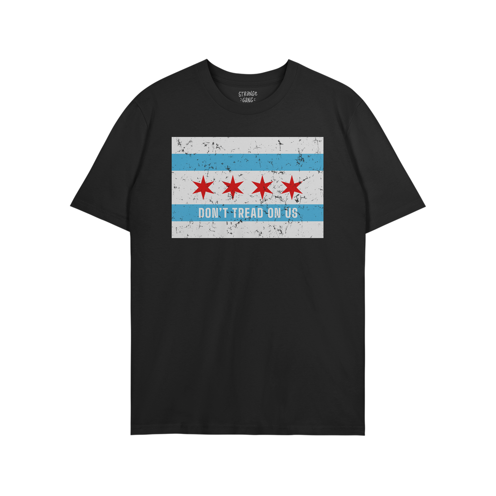 Chicago Gadsden Flag Shirt with a distressed flag motif and DON'T TREAD ON US slogan, representing resistance and community s