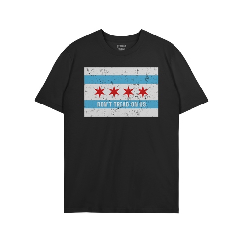 Chicago Gadsden Flag Shirt with a distressed flag motif and DON'T TREAD ON US slogan, representing resistance and community s