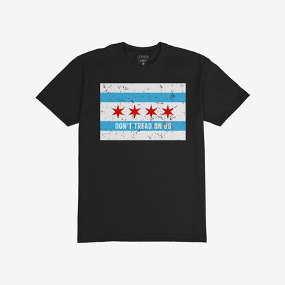 Chicago Gadsden Flag T-shirt featuring a distressed Chicago-style flag with DON’T TREAD ON US slogan, embodying civic pride and resilience against oppression, ideal for outspoken activists and proud Chicagoans.