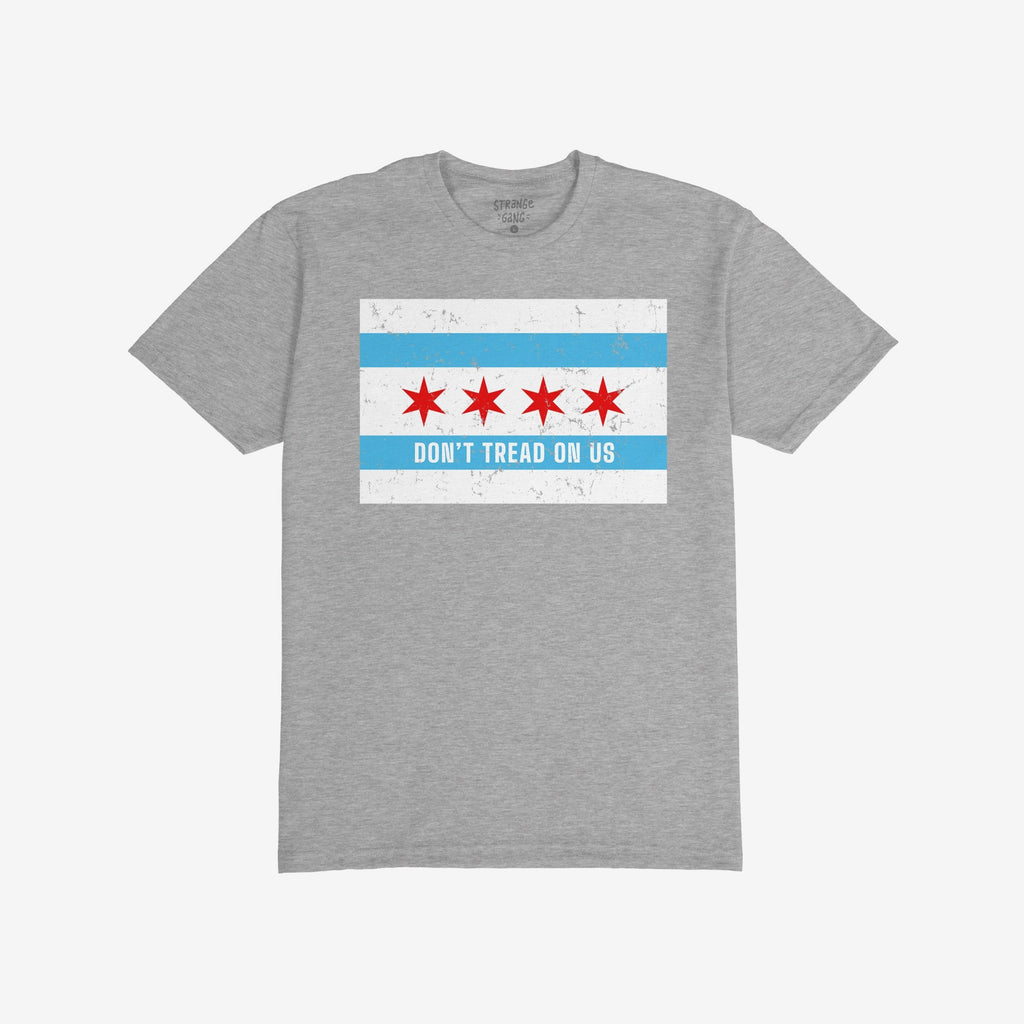 Chicago Gadsden Flag Shirt featuring the city's flag motif with DON’T TREAD ON US slogan, symbolizing resistance and community strength. Available in various styles, supporting Illinois Coalition For Immigrant & Refugee Rights.