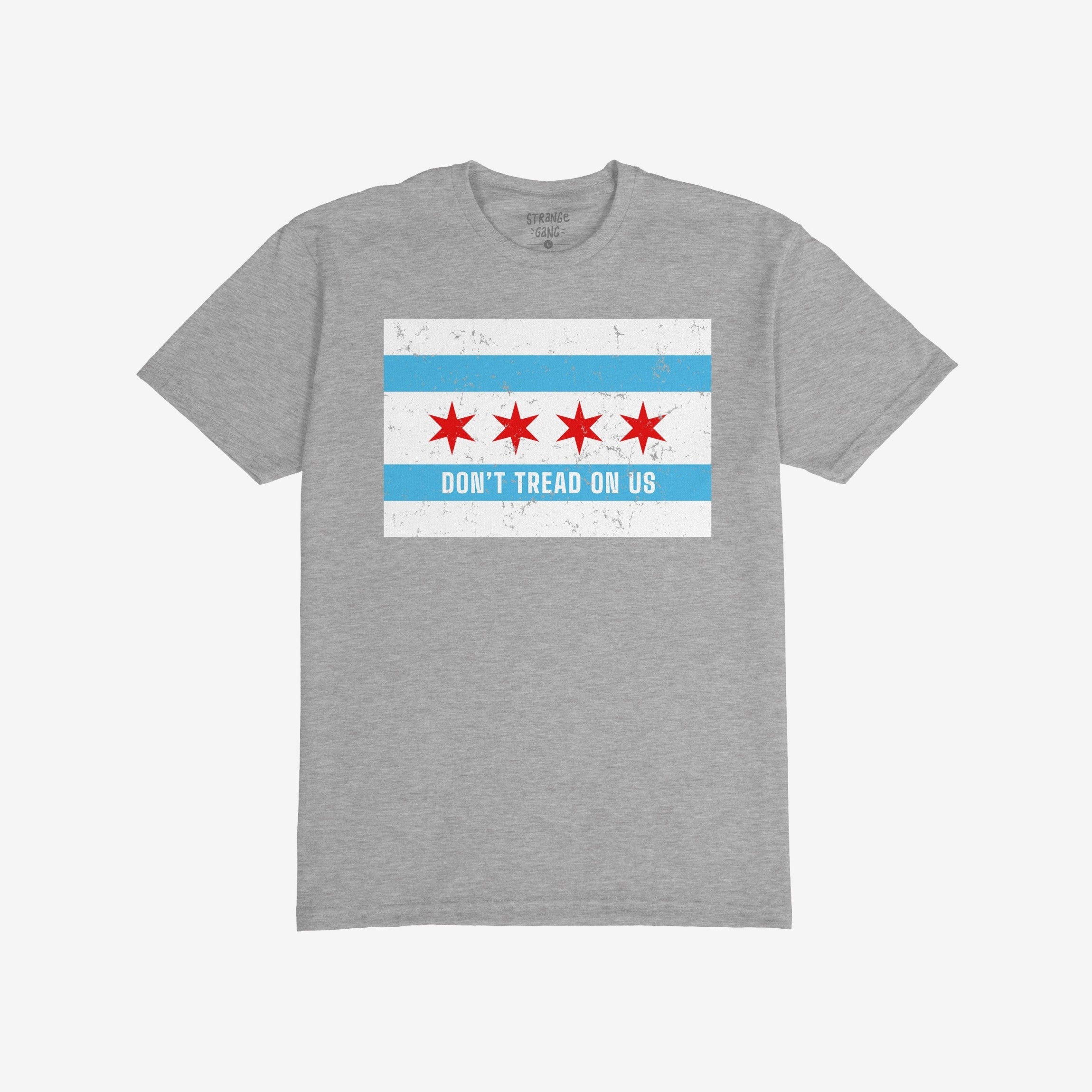 Chicago Gadsden Flag Shirt featuring the city's flag motif with DON’T TREAD ON US slogan, symbolizing resistance and community strength. Available in various styles, supporting Illinois Coalition For Immigrant & Refugee Rights.