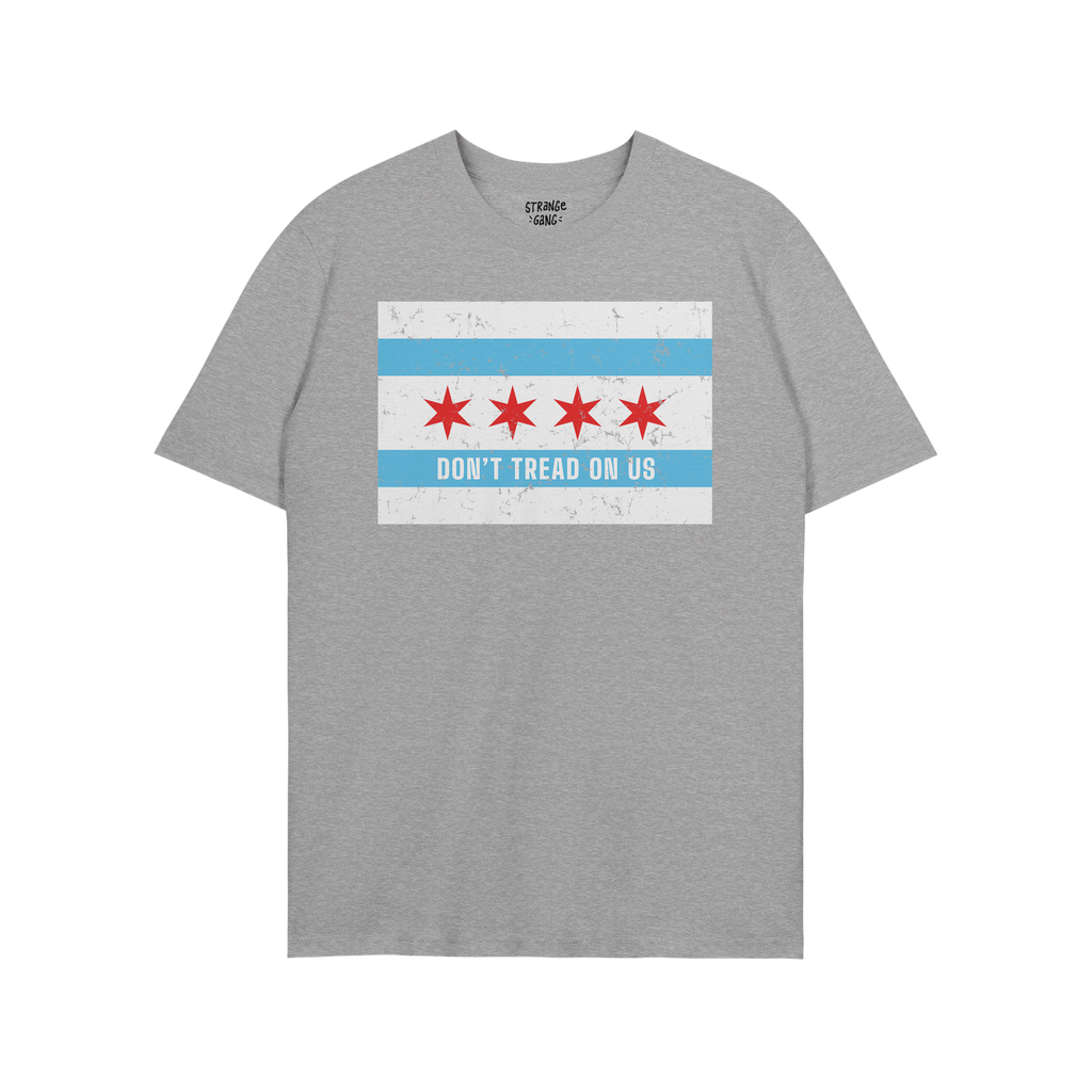 Chicago Gadsden Flag Shirt featuring the city's flag motif with DON’T TREAD ON US slogan, symbolizing resistance and commun