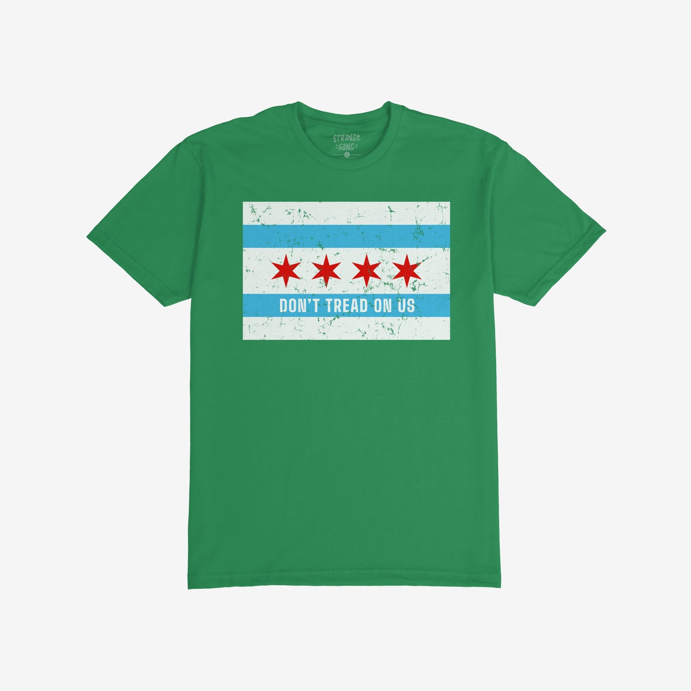 Chicago Gadsden Flag Shirt featuring a distressed Chicago city flag design with DON’T TREAD ON US slogan, symbolizing resistance and community strength.