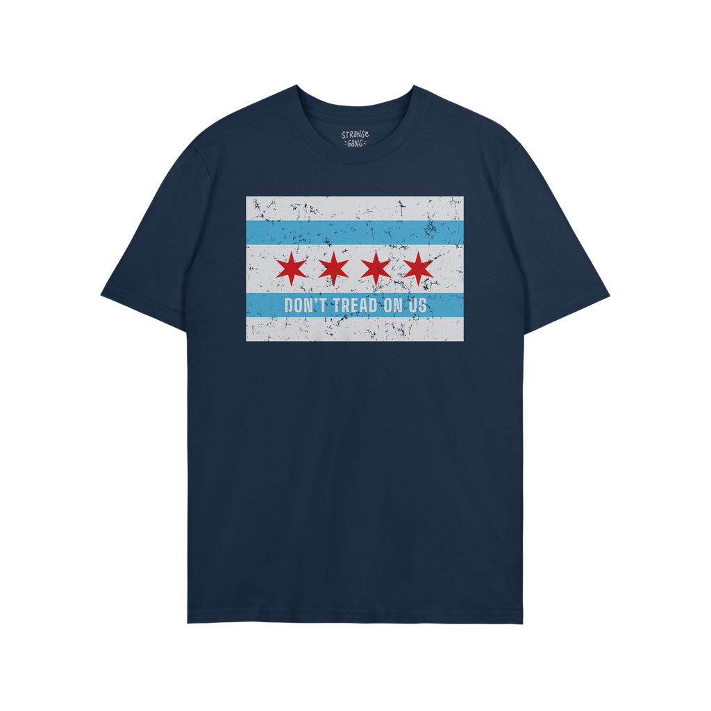 Chicago Gadsden Flag Shirt featuring a distressed Chicago city flag design with DON’T TREAD ON US slogan, symbolizing resis