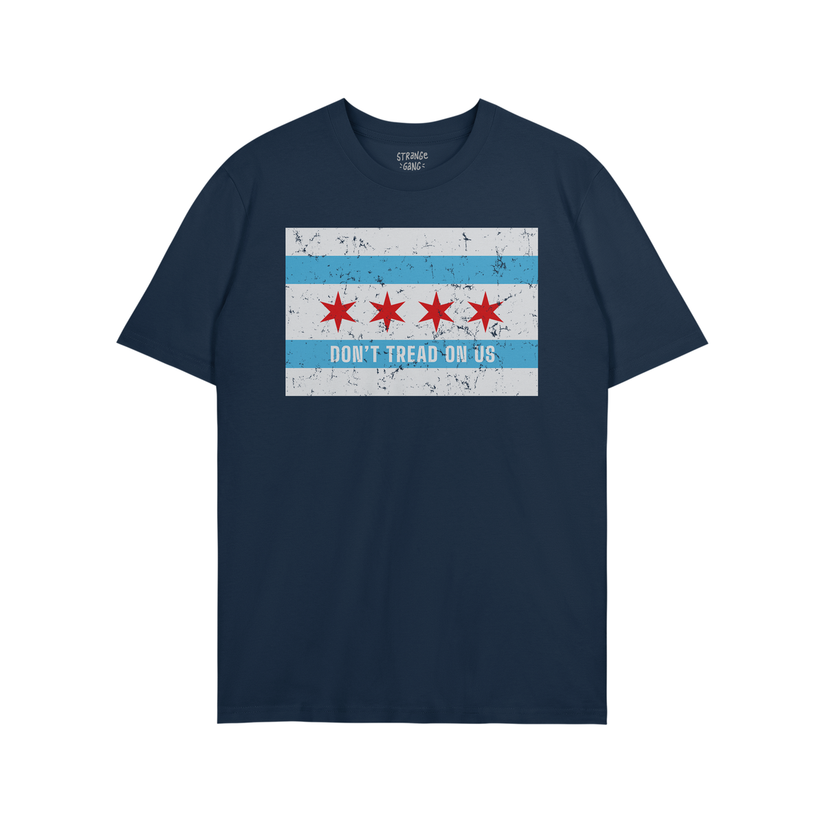 Chicago Gadsden Flag Shirt featuring a distressed Chicago city flag design with DON’T TREAD ON US slogan, symbolizing resis