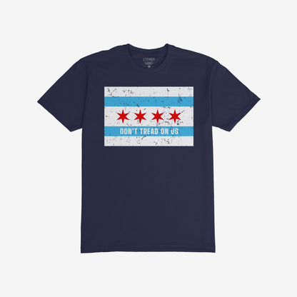 Chicago Gadsden Flag T-shirt with a distressed city flag graphic and “DON’T TREAD ON US” slogan, symbolizing resistance and civic pride. Brand name visible inside collar.