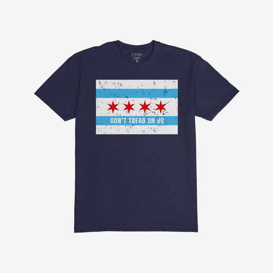 Chicago Gadsden Flag T-shirt with a distressed city flag graphic and “DON’T TREAD ON US” slogan, symbolizing resistance and civic pride. Brand name visible inside collar.