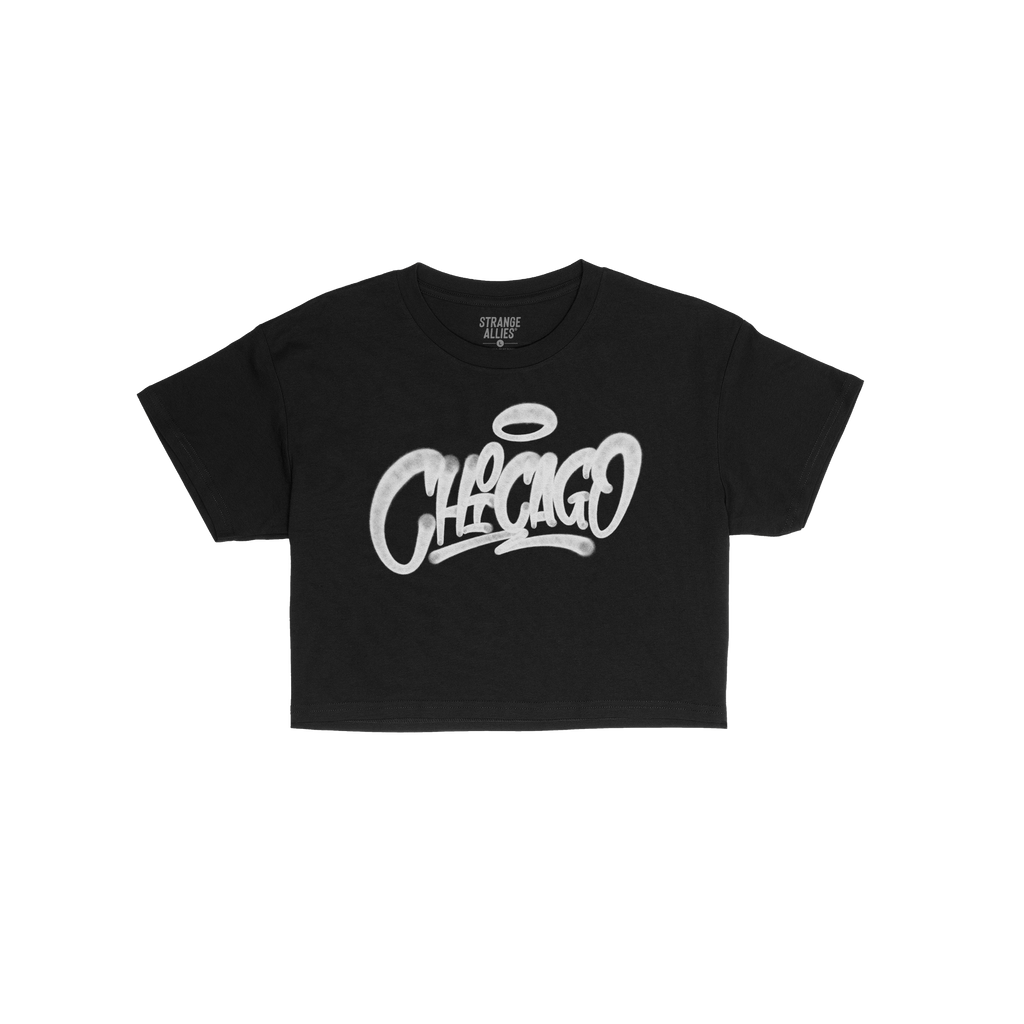 Chicago Handstyle Women's Baby Tee featuring a white graffiti-style CHICAGO print with halo on a black crewneck, embodies a r