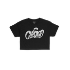 Chicago Handstyle Women's Baby Tee featuring a white graffiti-style CHICAGO print with halo on a black crewneck, embodies a r
