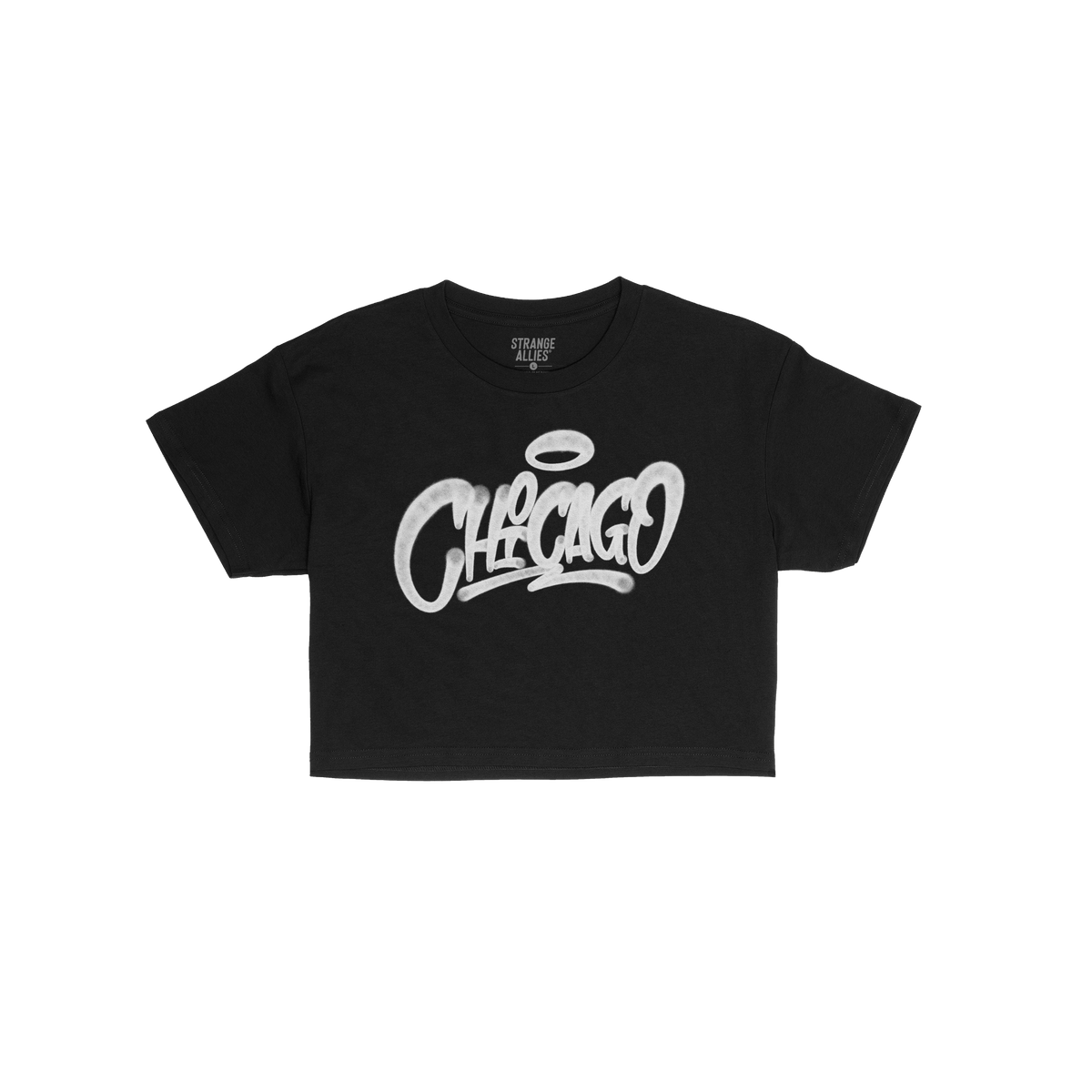 Chicago Handstyle Women's Baby Tee featuring a white graffiti-style CHICAGO print with halo on a black crewneck, embodies a r