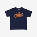 Chicago Handstyle Women's Baby Tee features a navy-blue design with orange graffiti-style Chicago and a halo motif, capturing a retro Y2K vibe with edgy, city-inspired flair.