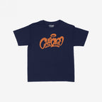 Chicago Handstyle Women's Baby Tee features a navy-blue design with orange graffiti-style Chicago and a halo motif, capturing a retro Y2K vibe with edgy, city-inspired flair.