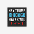 Chicago Hates Trump Sticker & Magnet features a bold message against a blurred aerial view of Chicago. Distressed text and stars from the city flag emphasize its anti-MAGA sentiment and activist spirit.