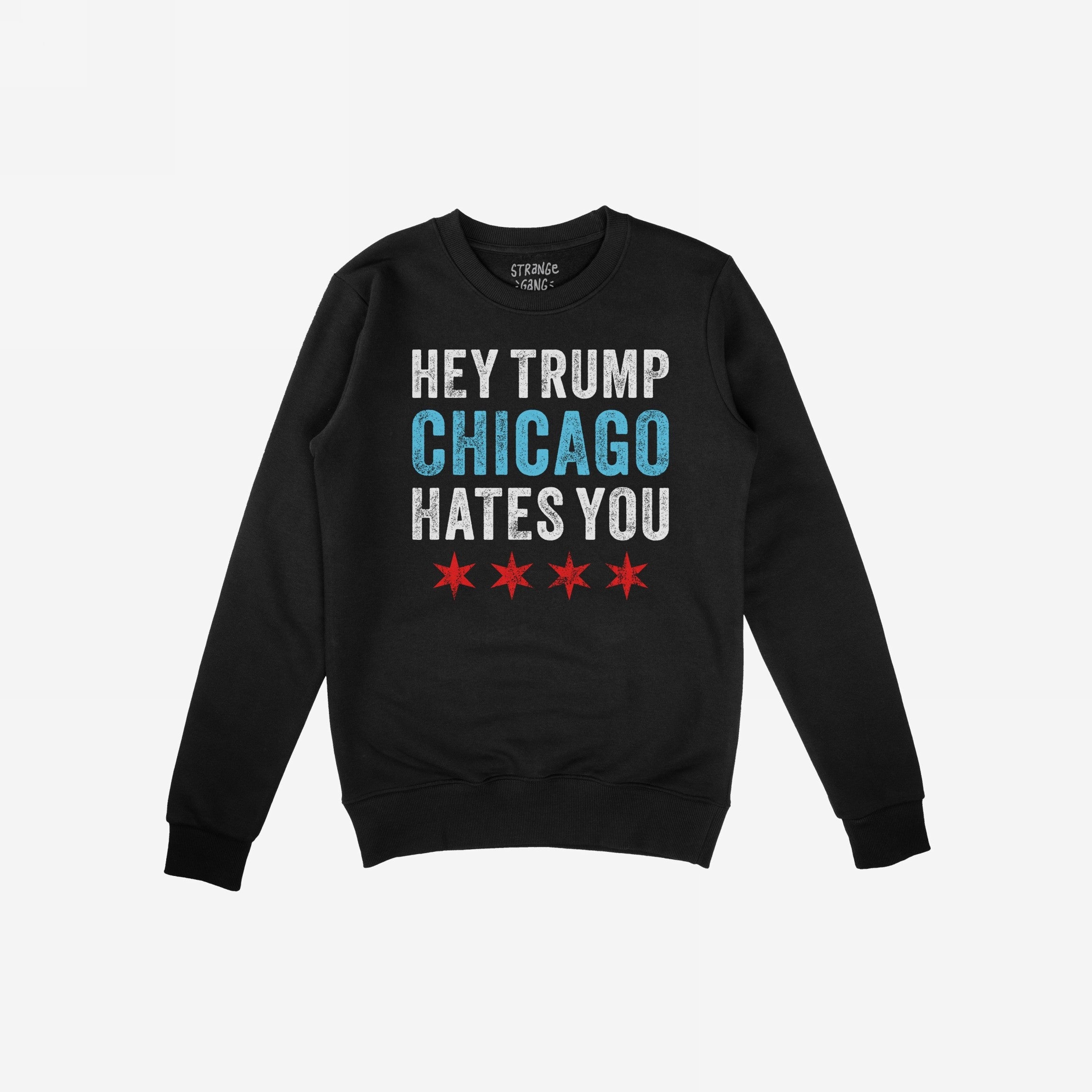 Chicago Hates Trump Hoodie & Sweatshirt featuring bold text HEY TRUMP CHICAGO HATES YOU with Chicago flag stars, perfect for protest or city pride.