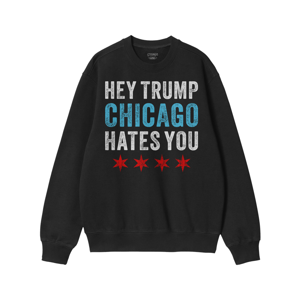 Chicago Hates Trump Hoodie & Sweatshirt featuring bold text HEY TRUMP CHICAGO HATES YOU with Chicago flag stars, perfect for 