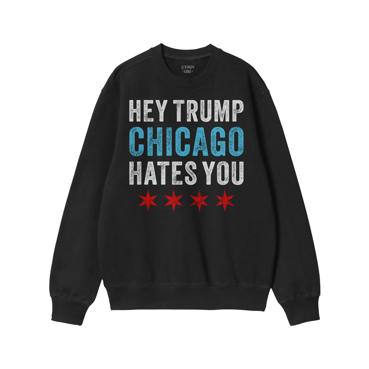 Chicago Hates Trump Hoodie & Sweatshirt featuring bold text HEY TRUMP CHICAGO HATES YOU with Chicago flag stars, perfect for 
