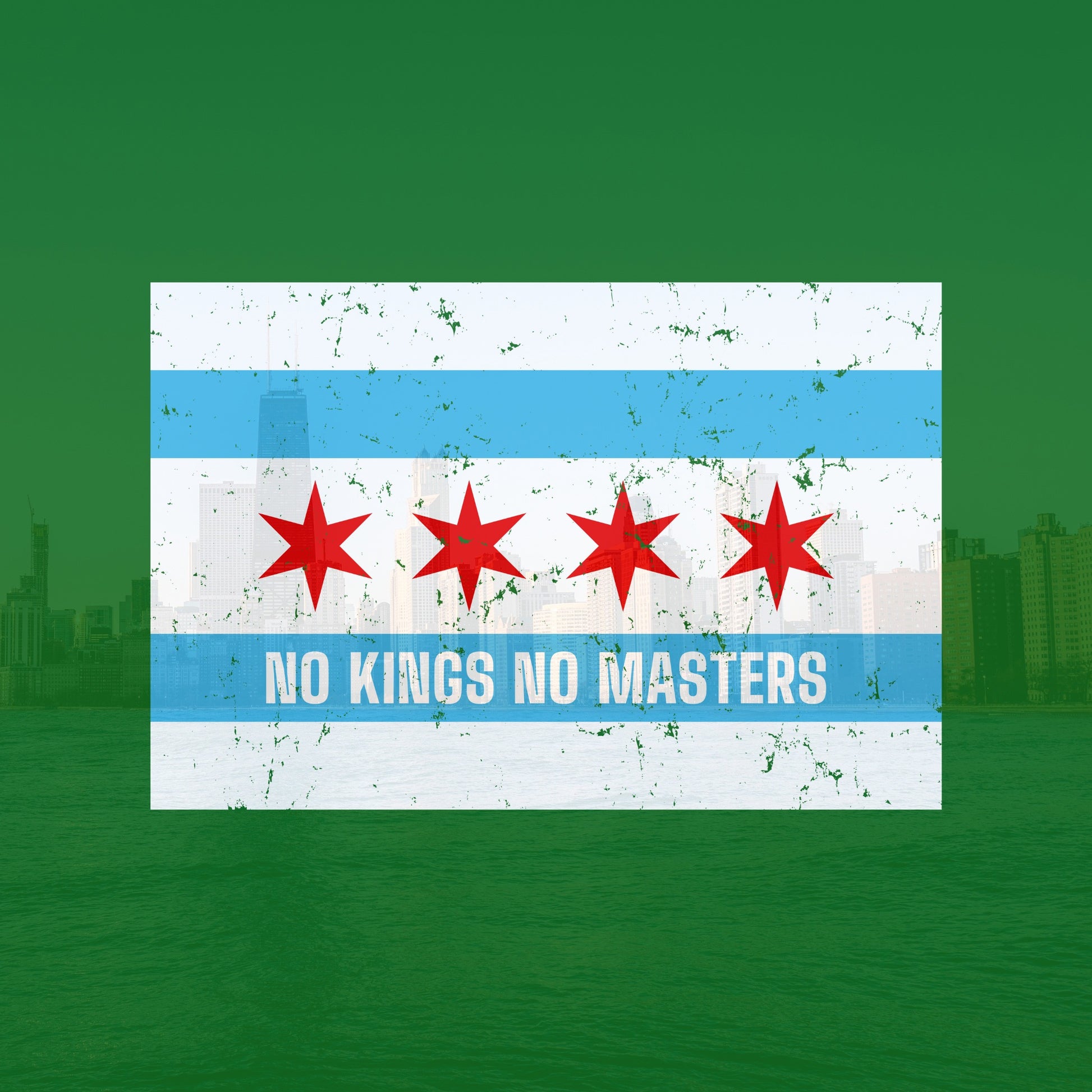 Chicago No Kings Flag Shirt features the iconic city flag with NO KINGS NO MASTERS slogan, Chicago skyline backdrop, embodying rebellion and equality. Available in various styles supporting immigrant rights.
