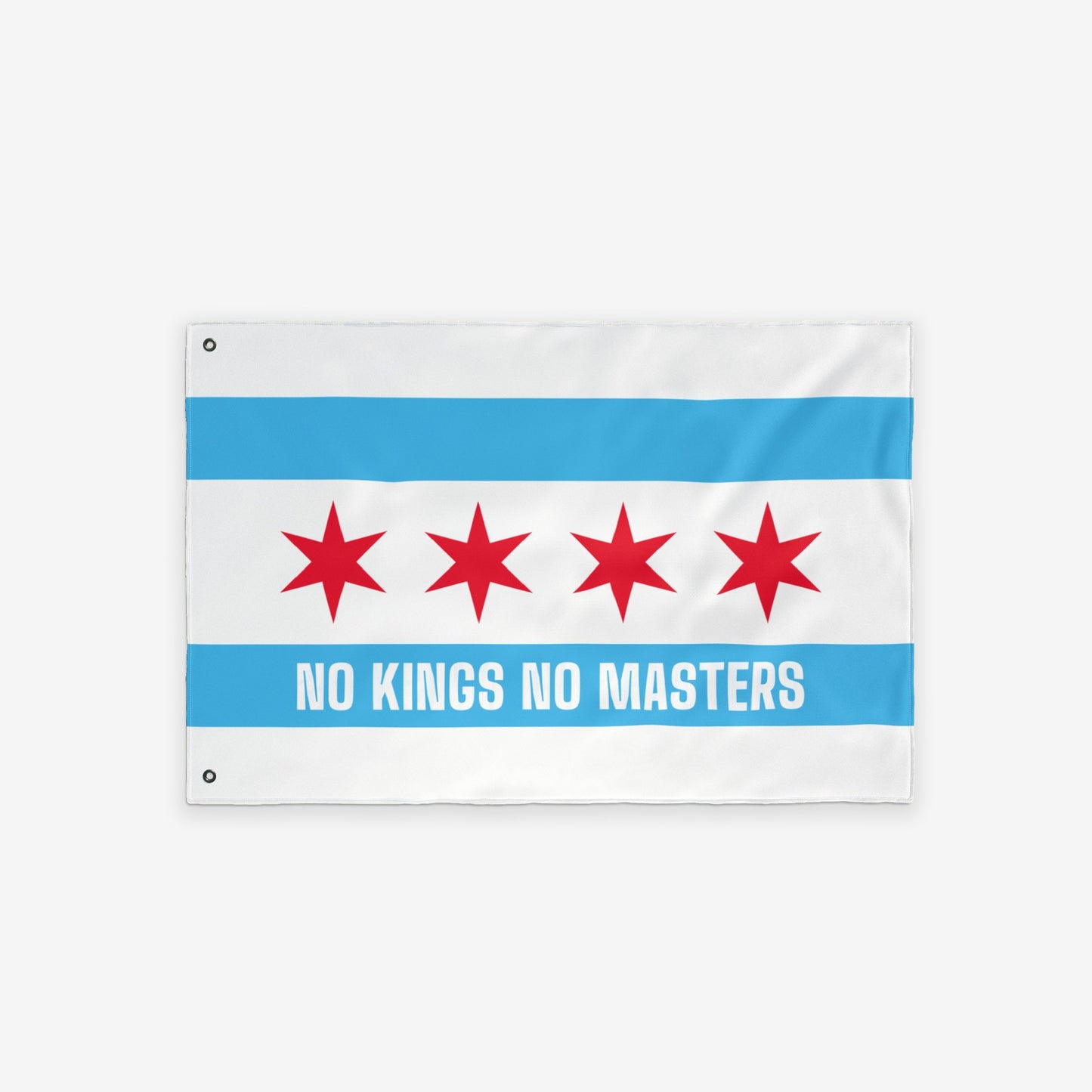 Chicago No Kings Flag featuring red stars and blue stripes on a white field with the slogan “NO KINGS NO MASTERS,” symbolizing resistance and Chicago pride. Perfect for expressing solidarity and advocacy.
