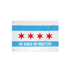 Chicago No Kings Flag featuring red stars and blue stripes on a white field with the slogan “NO KINGS NO MASTERS,” symbol