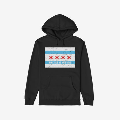 Black hoodie featuring the Chicago No Kings Flag Shirt design with a distressed city flag graphic and “NO KINGS NO MASTERS” slogan, symbolizing rebellion and equality. Supports Illinois Coalition For Immigrant & Refugee Rights.