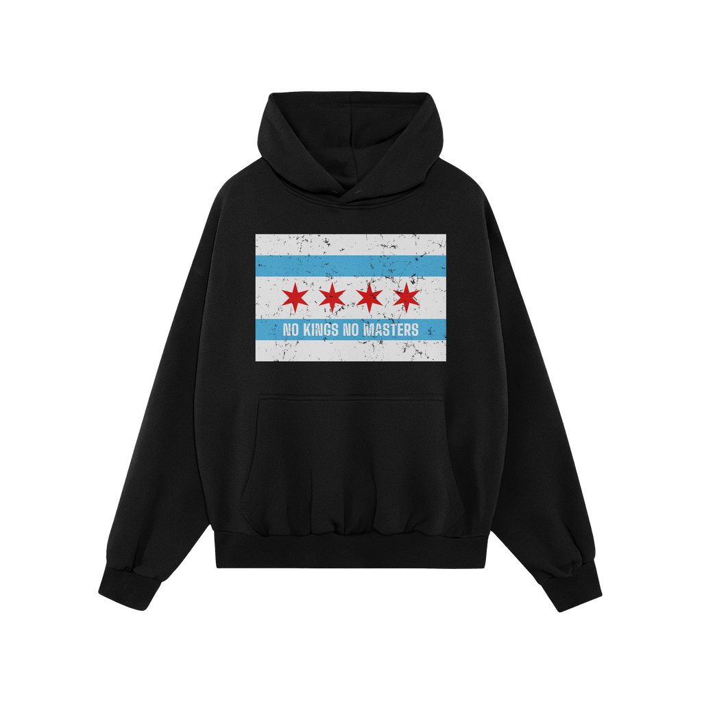 Black hoodie featuring the Chicago No Kings Flag Shirt design with a distressed city flag graphic and “NO KINGS NO MASTERS�
